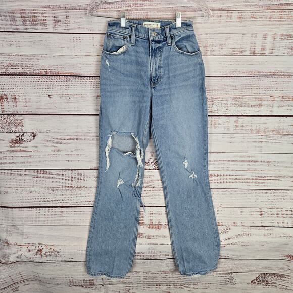 Abercrombie & Fitch 90's Straight High Rise Jeans Sz 24 Busted Knee Grunge Denim - Picture 1 of 15